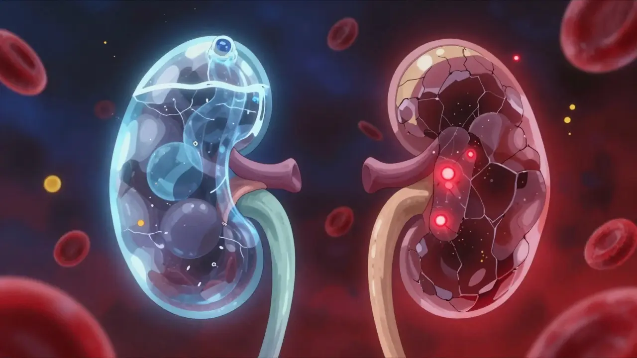 Abstract anime visualization of kidney filtration showing healthy vs damaged filters with glowing effects.