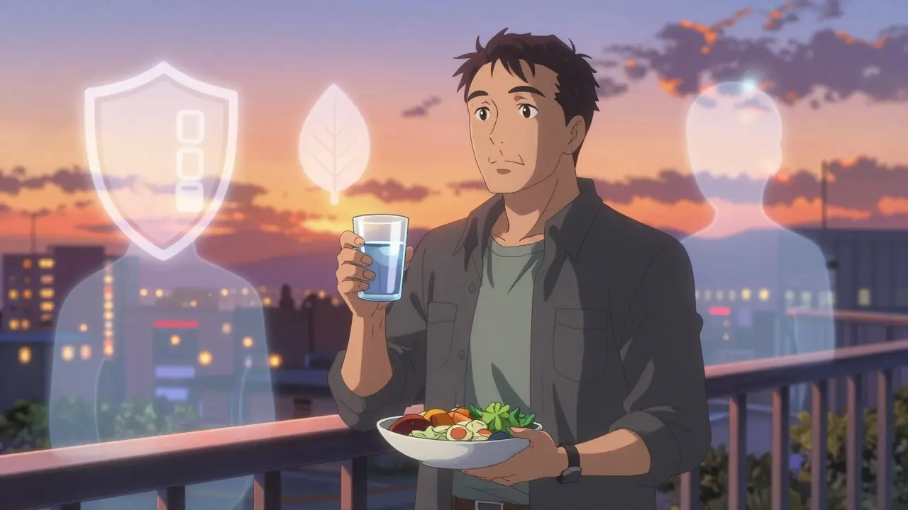 Anime character managing kidney health with diet and lifestyle changes against a sunset backdrop.