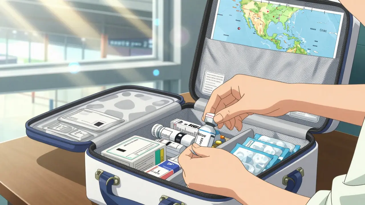 Anime character packing insulated medical kit with insulin for hot climate travel