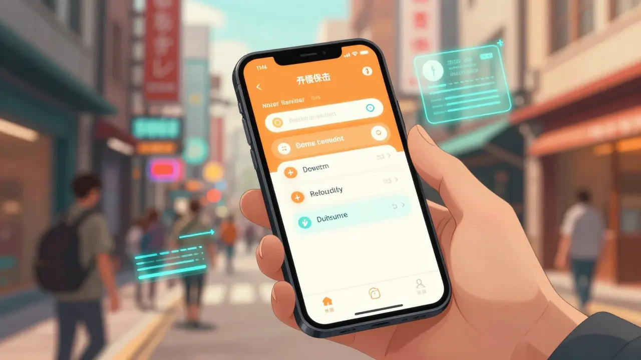 Anime hand holding phone with med app notification against busy foreign street