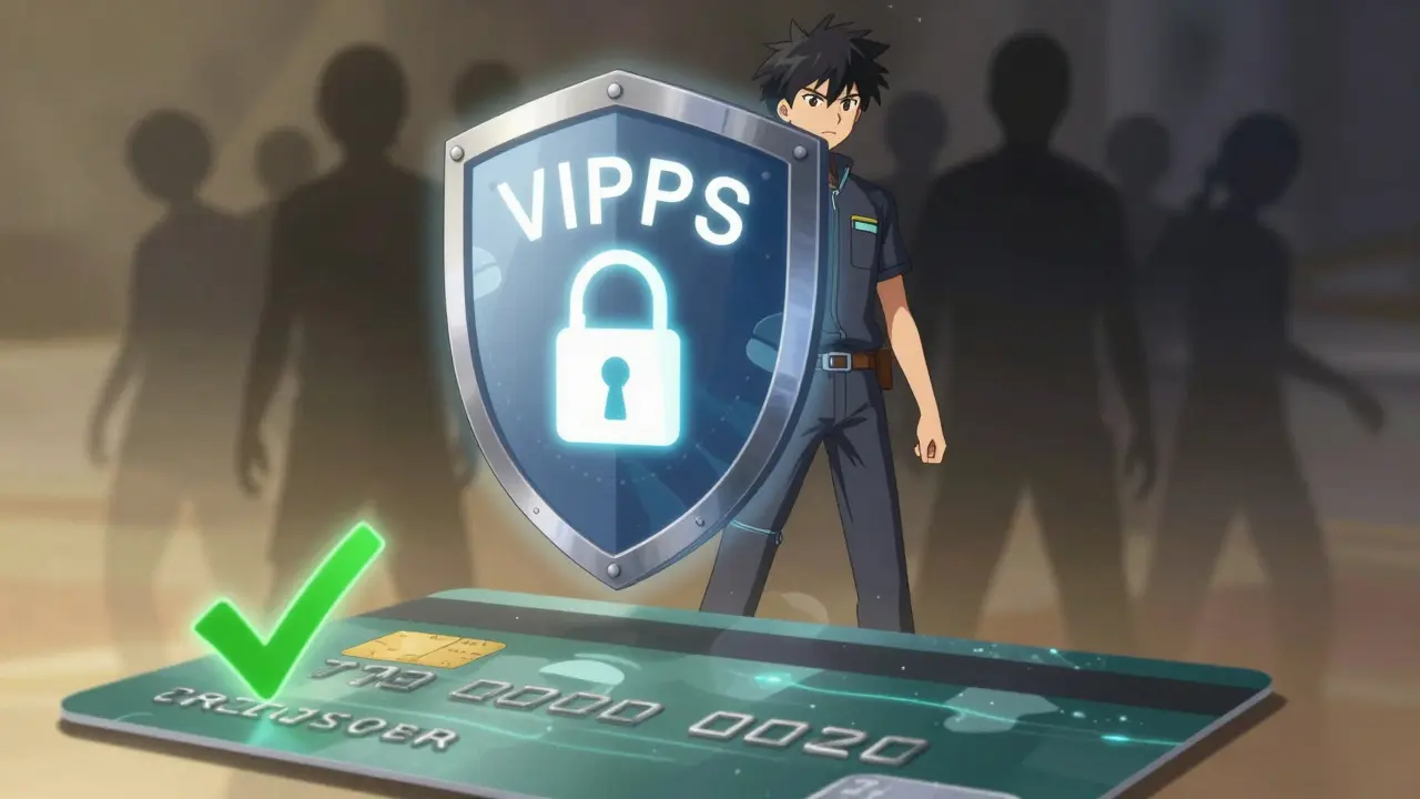 Anime hero protected by a glowing VIPPS security shield against shadowy rogue pharmacy threats.
