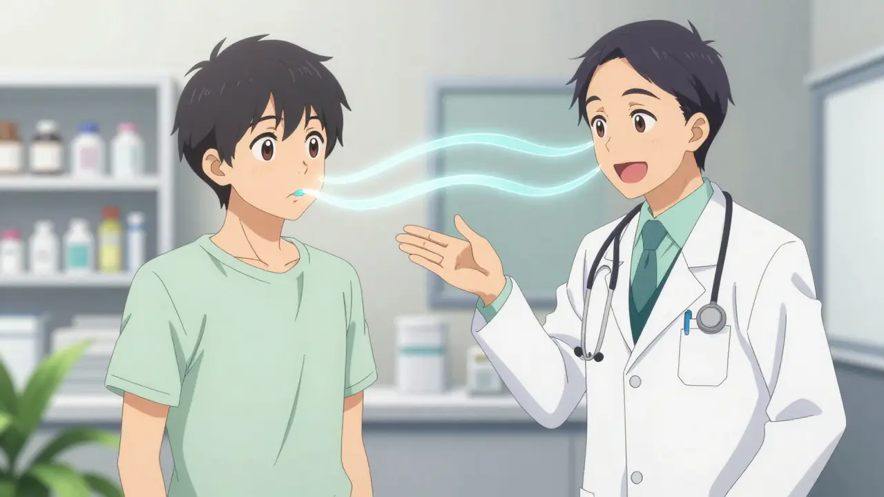 Anime patient confidently explaining medication instructions back to a supportive doctor.