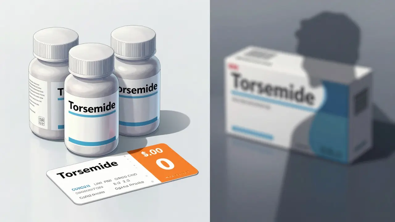Anime style: Generic torsemide pills and discount coupons on a table