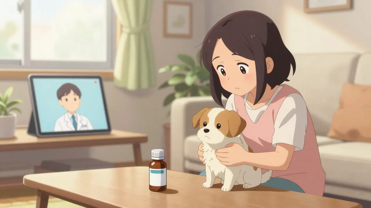 Anime style: Pet owner with dog and vet medicine in a sunny room