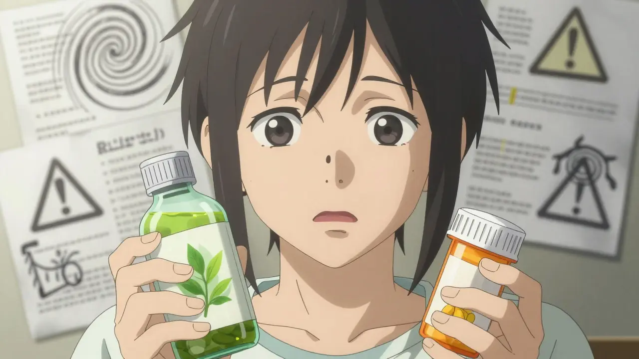 Anxious patient holding green tea extract and medication bottles