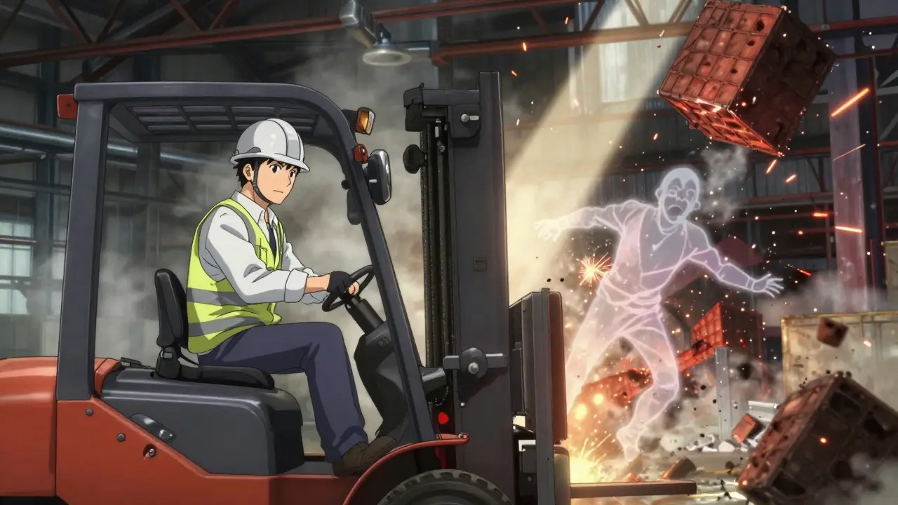 Construction worker with ghostly overlay showing delayed reaction