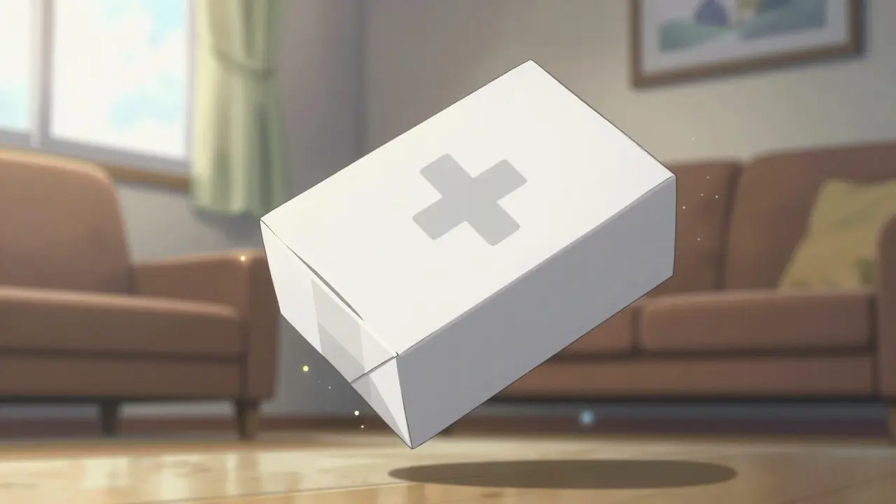 Delivered medicine package floating in a sunny room
