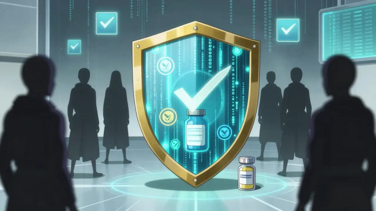 Digital shield protecting a pill bottle from scams