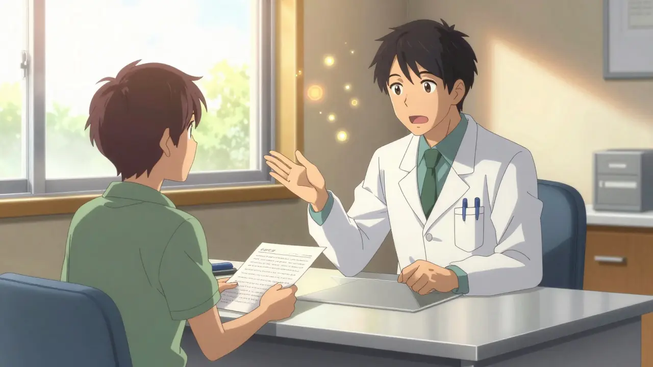 Doctor and patient collaborating warmly in a sunlit office, sharing decisions about treatment.