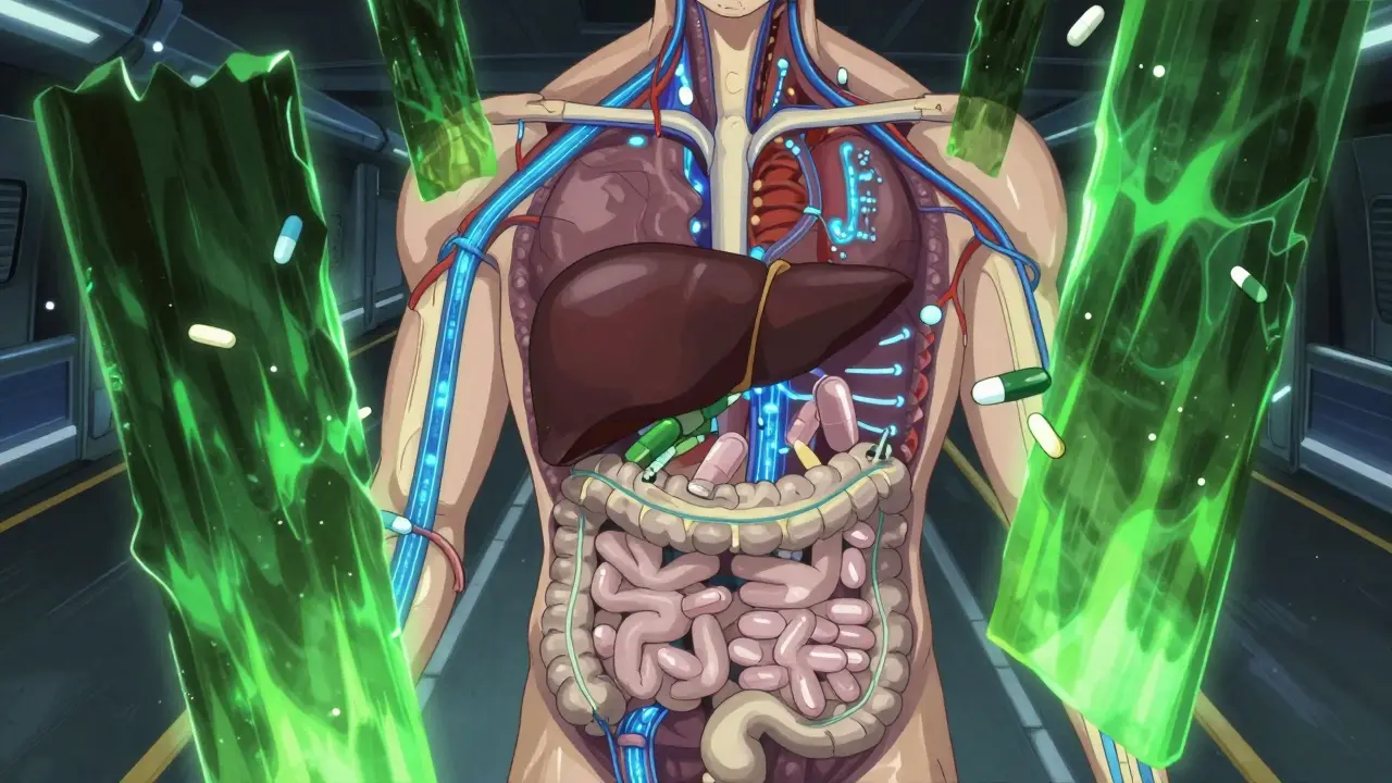 Stylized anime view of drug molecules blocked by green tea compounds