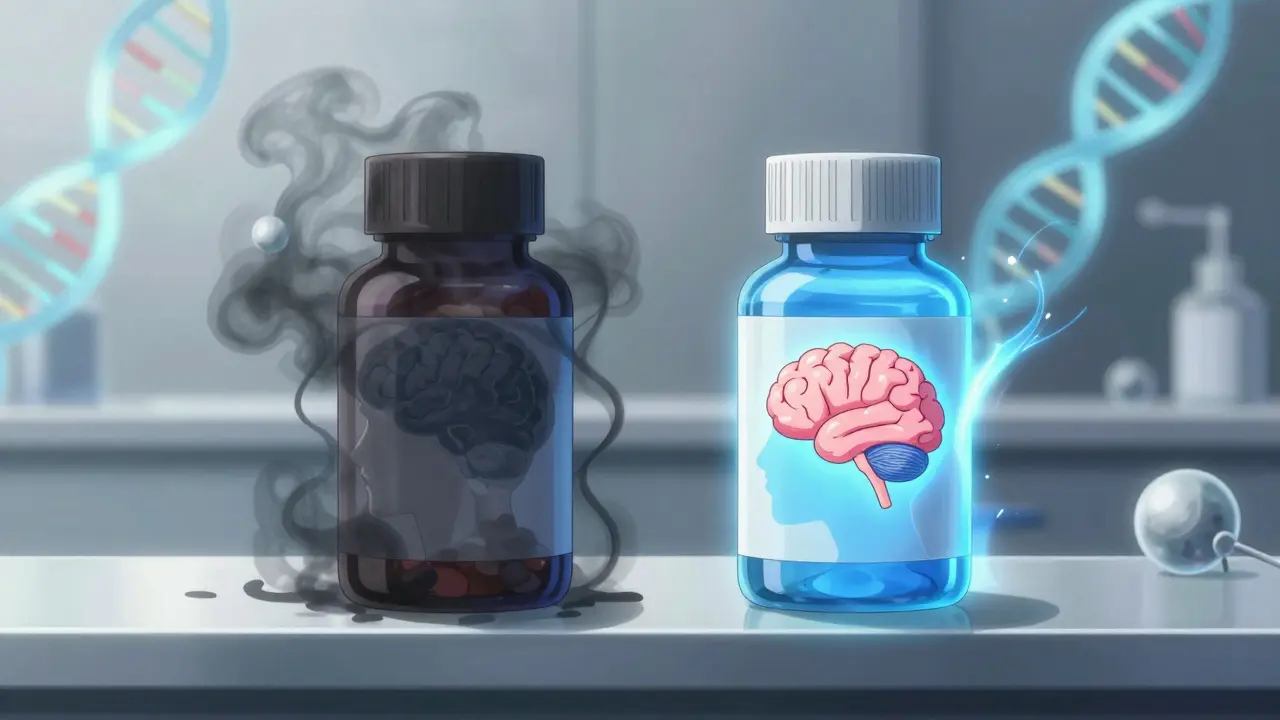 Two medicine bottles contrasting sedative vs safe effects