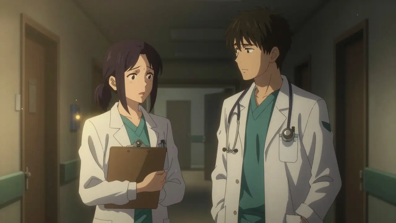 Two nurses discussing sensitive misconduct issue in hallway