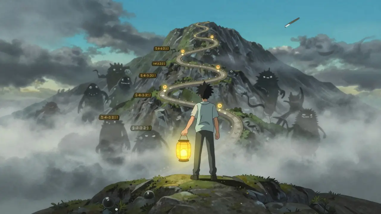 Anime character walking a path towards a bright peak, holding a lantern symbolizing mindfulness.