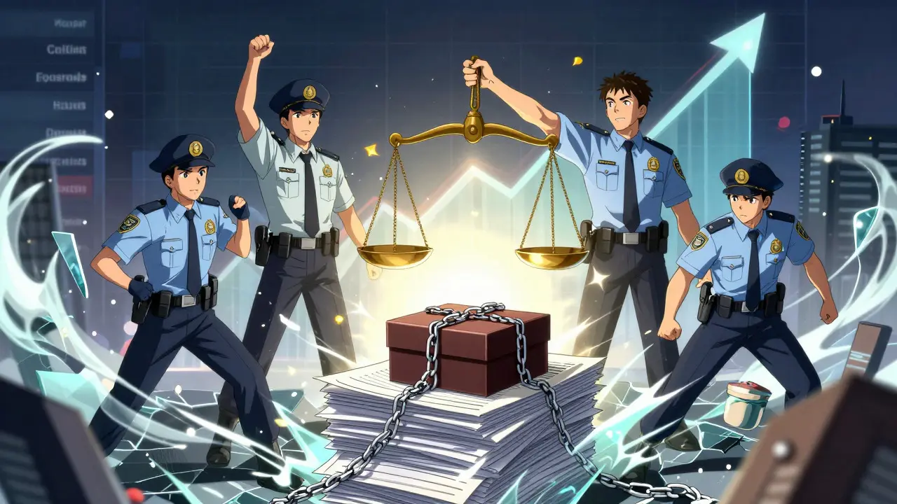Anime illustration of regulators breaking barriers to lower drug prices and enforce competition.