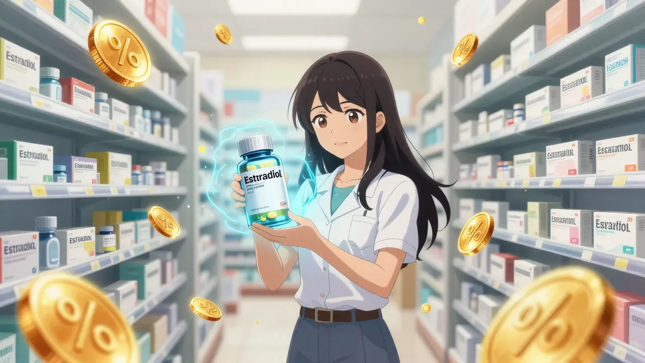 Anime woman surrounded by glowing gold coins and generic medicine bottle