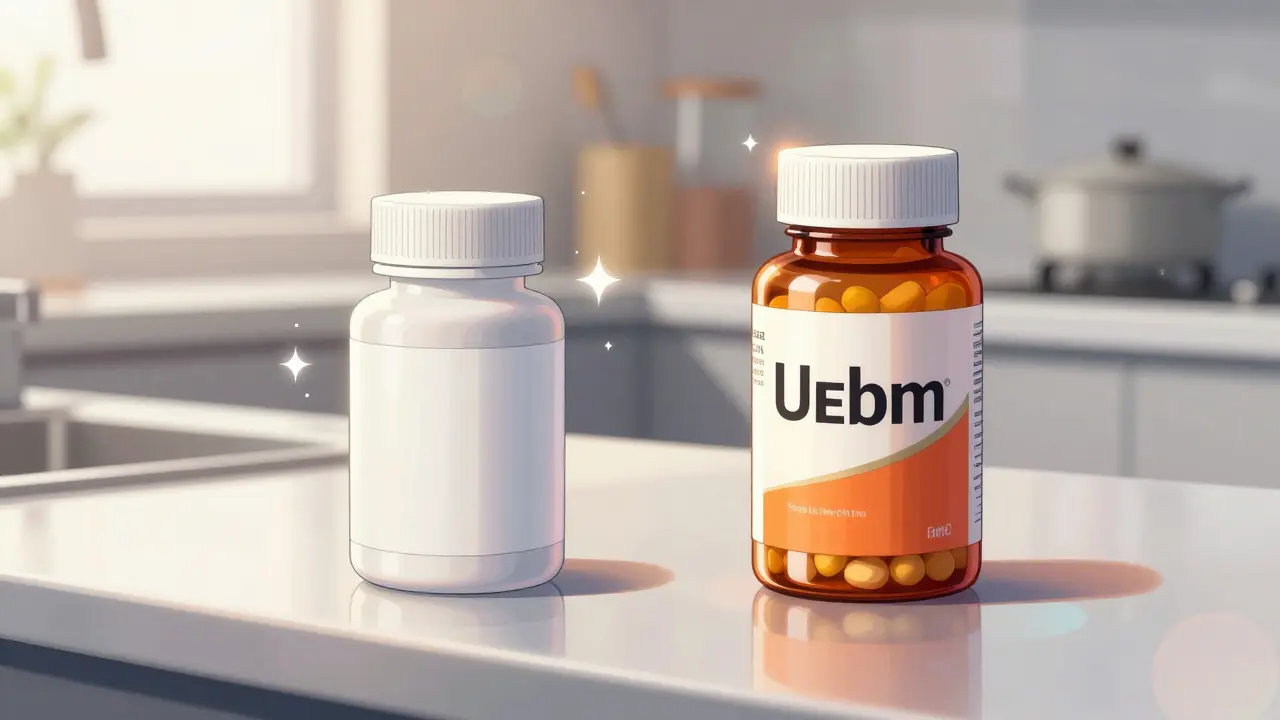Comparison of generic and branded medicine bottles on counter