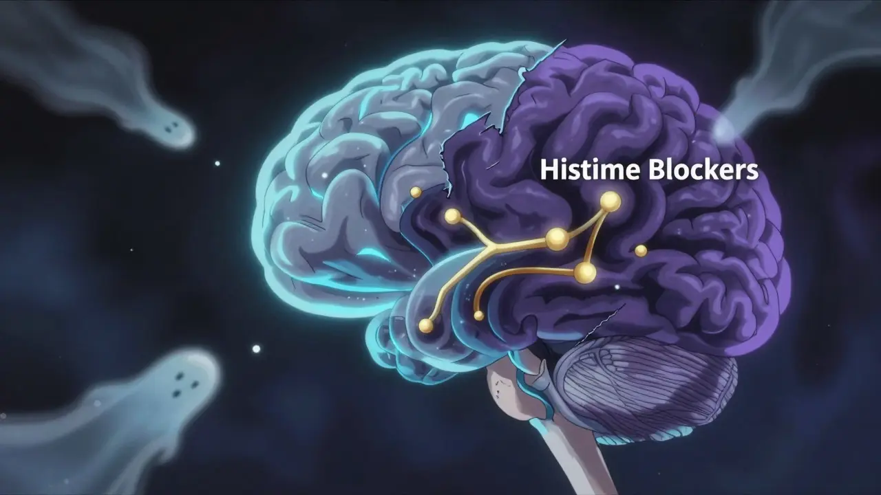 Conceptual anime brain showing dopamine blockage by antihistamines