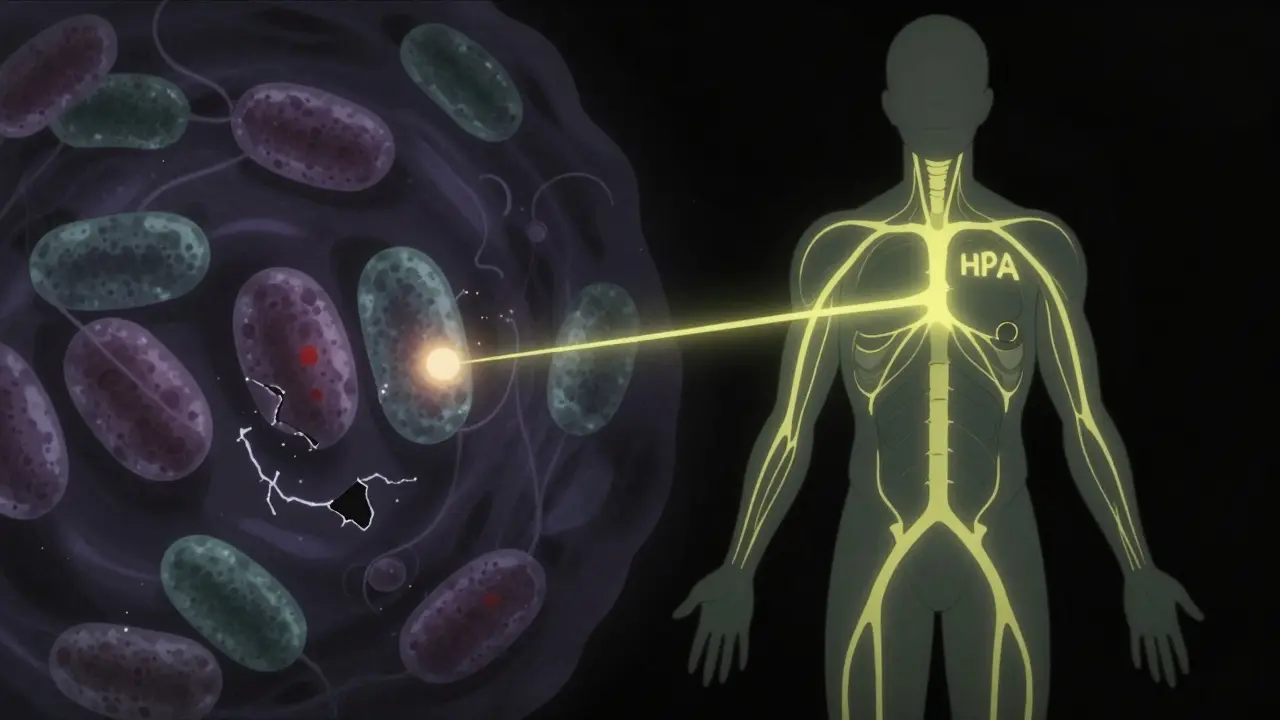 Conceptual art showing dim mitochondria and weak hormonal signals against a dark background.