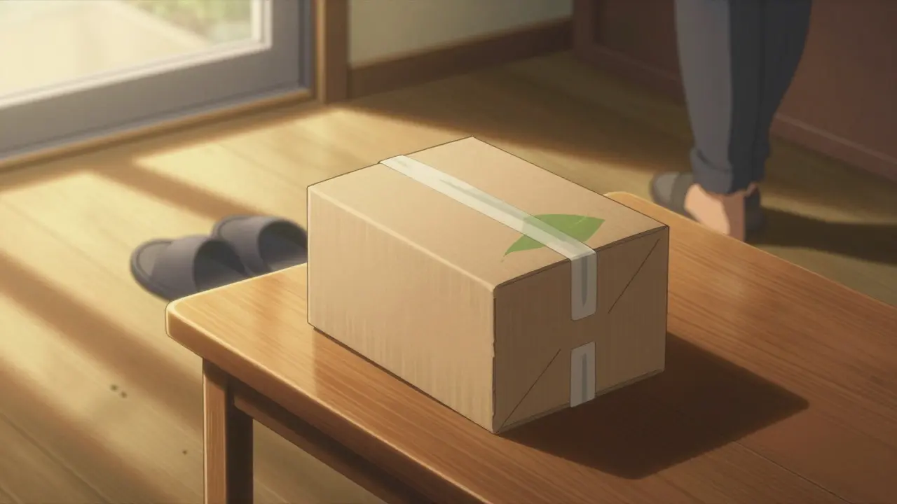 Delivered medication package on table in sunlight