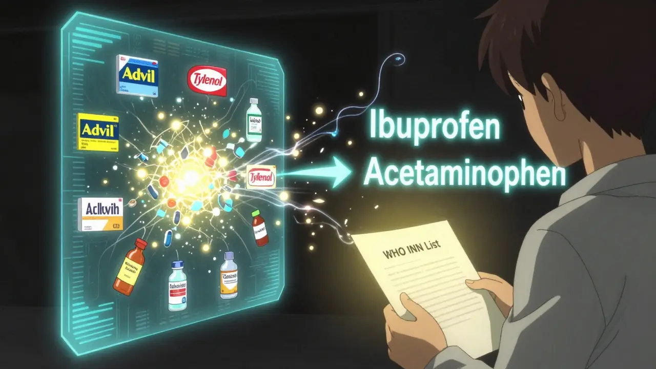 Glowing graphic showing drug brand names converting to generics