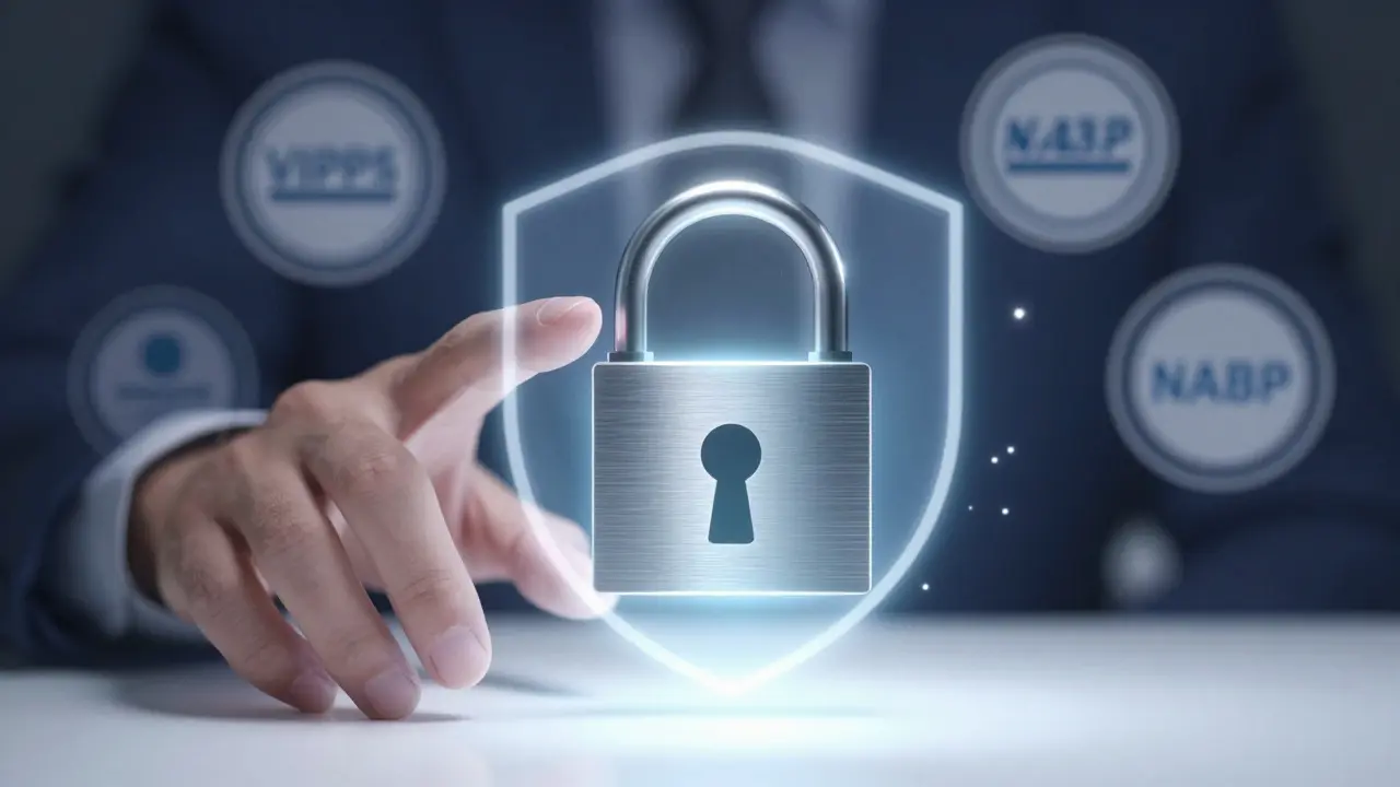 Hand touching a glowing secure padlock symbolizing safe online pharmacy
