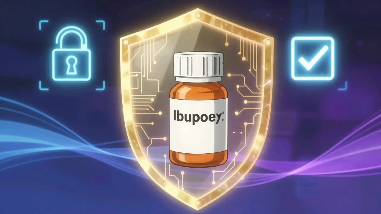 Holographic security shield protecting a floating ibuprofen bottle