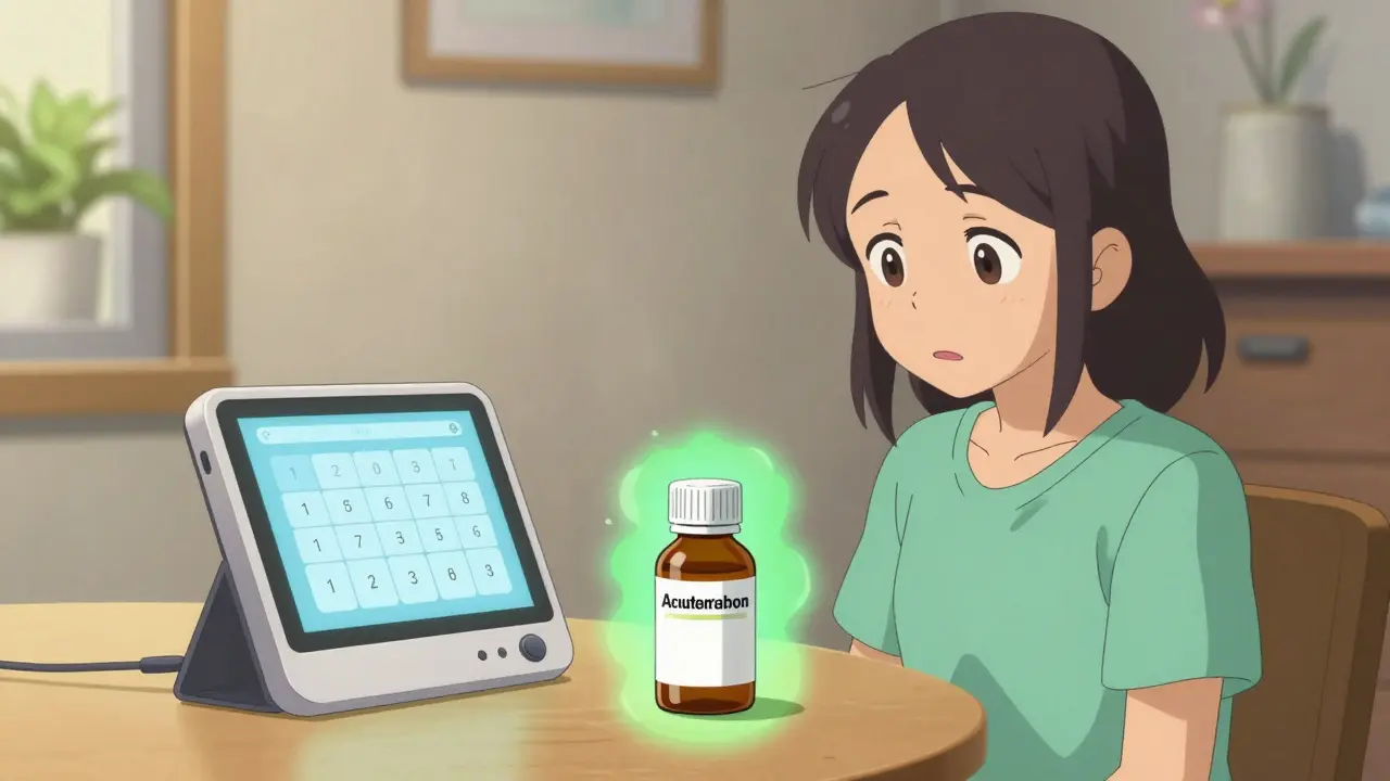 Parent verifying medication dose with tablet and safe acetaminophen bottle