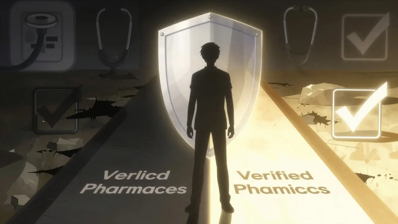 Patient choosing safe verified pharmacy path over risky alternatives