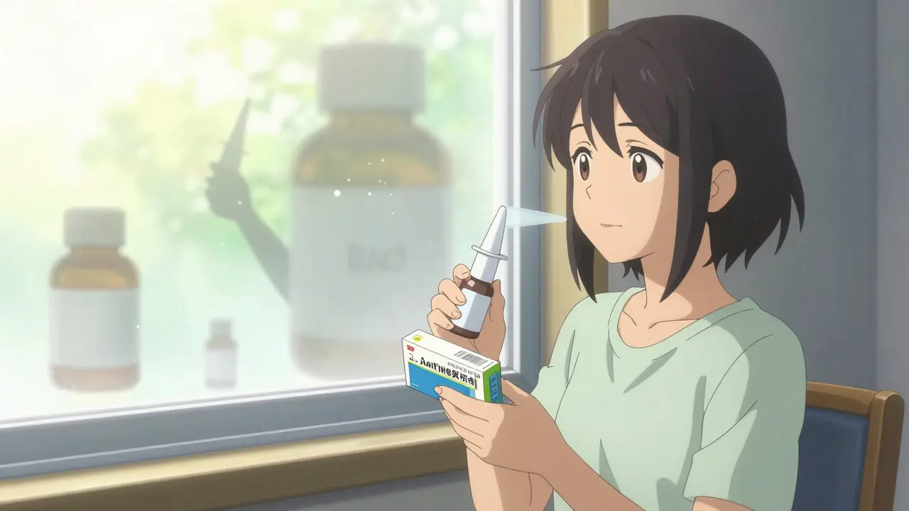 Peaceful person using safe nasal spray and non-sedating allergy meds