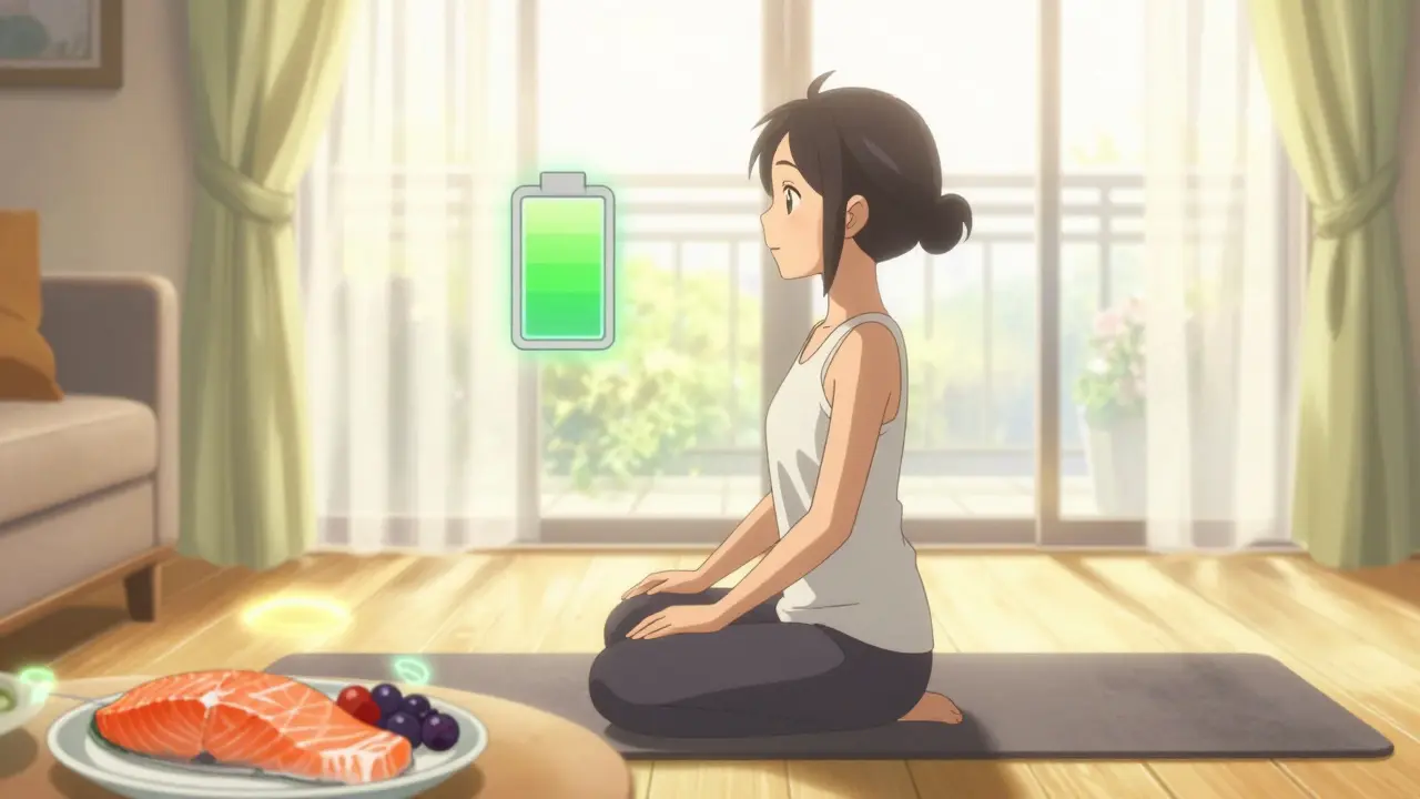 Person meditating in a sunlit room with fresh food nearby, symbolizing pacing and recovery.