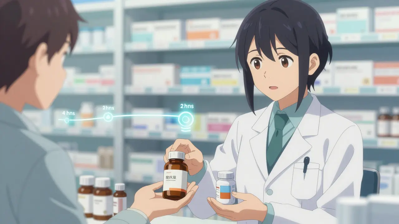Pharmacist advising patient on separating medication and supplement doses.