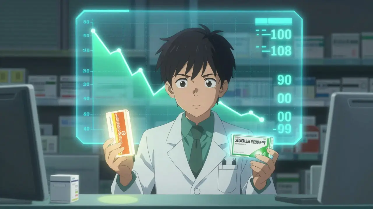Pharmacist comparing brand and generic medicine boxes with floating price charts