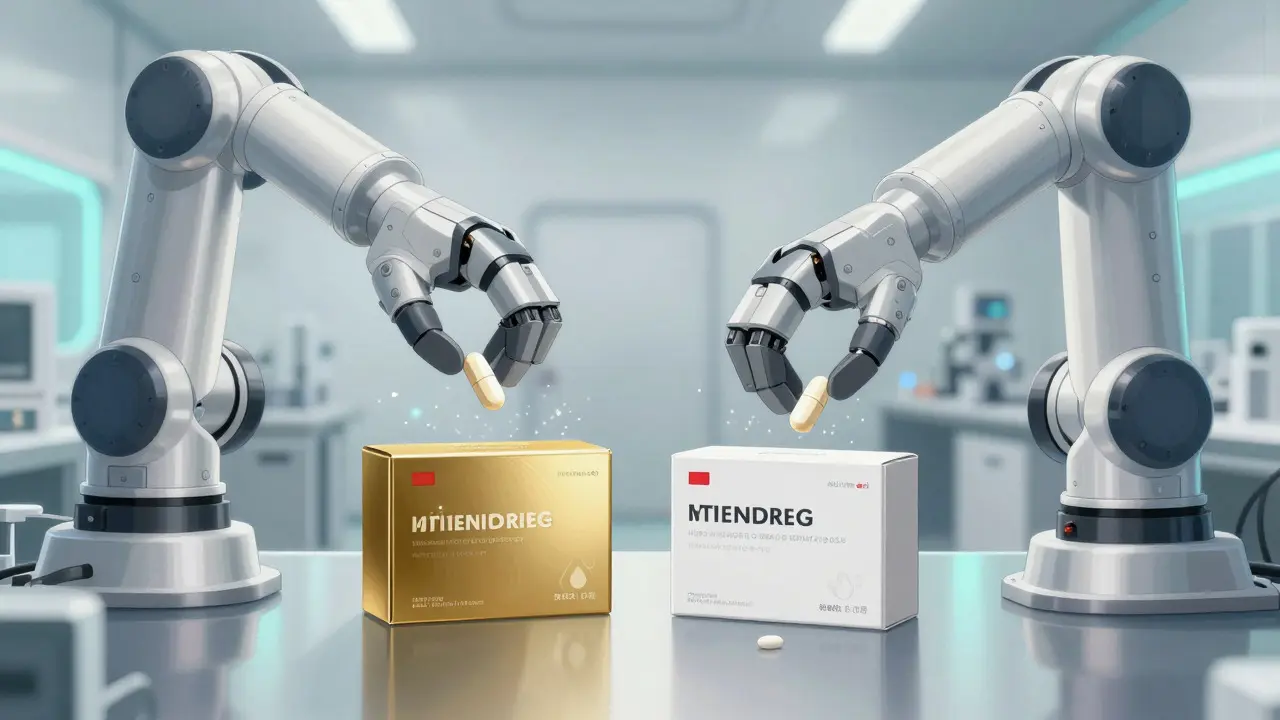 Robotic arms packing identical pills into brand and generic boxes in a factory