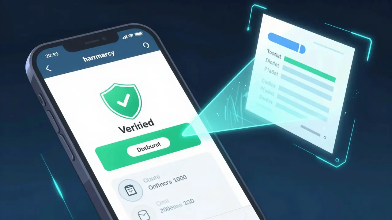 Smartphone showing secure online pharmacy checkout with verification