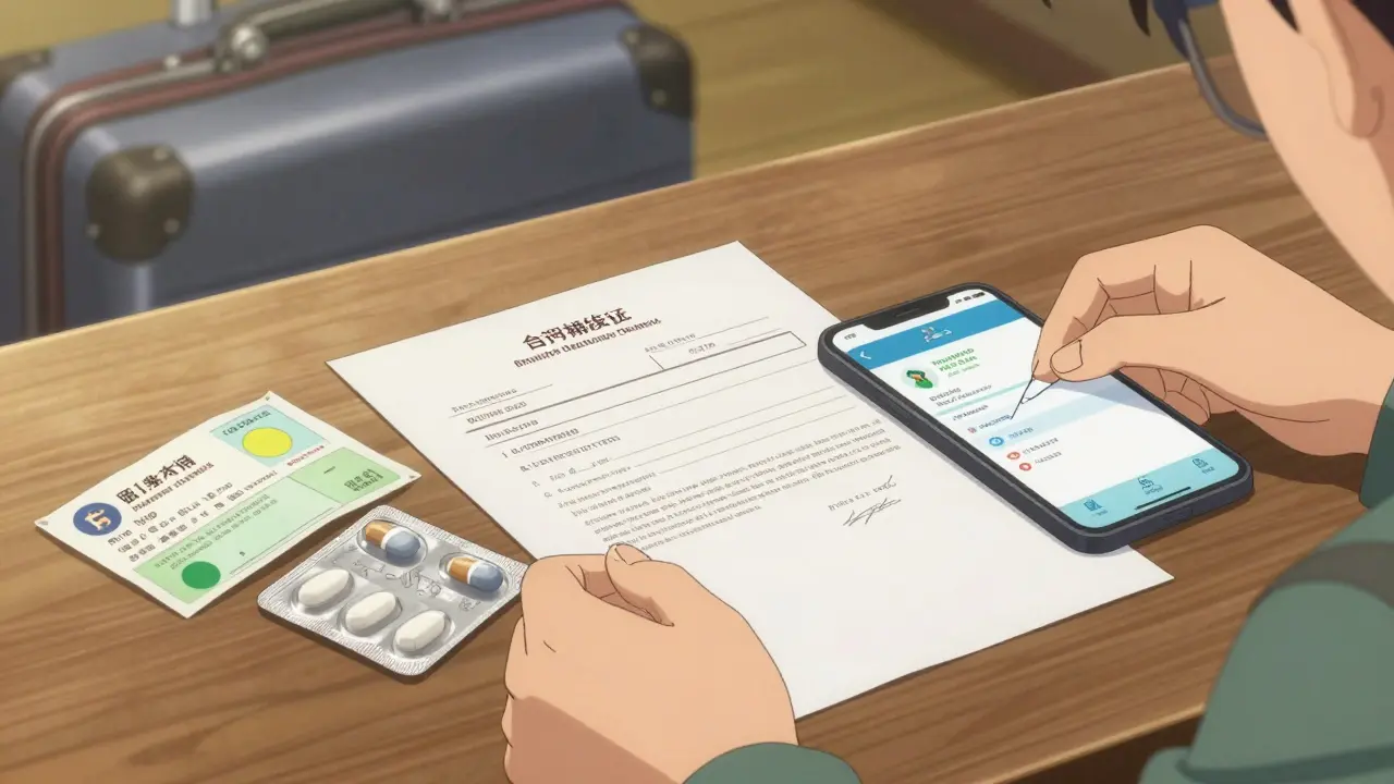 Traveler organizing medical documents and prescriptions