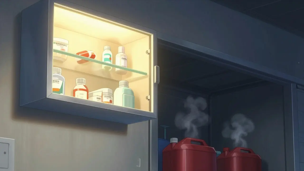 Ufotable style art depicting vertical separation of meds and chemicals