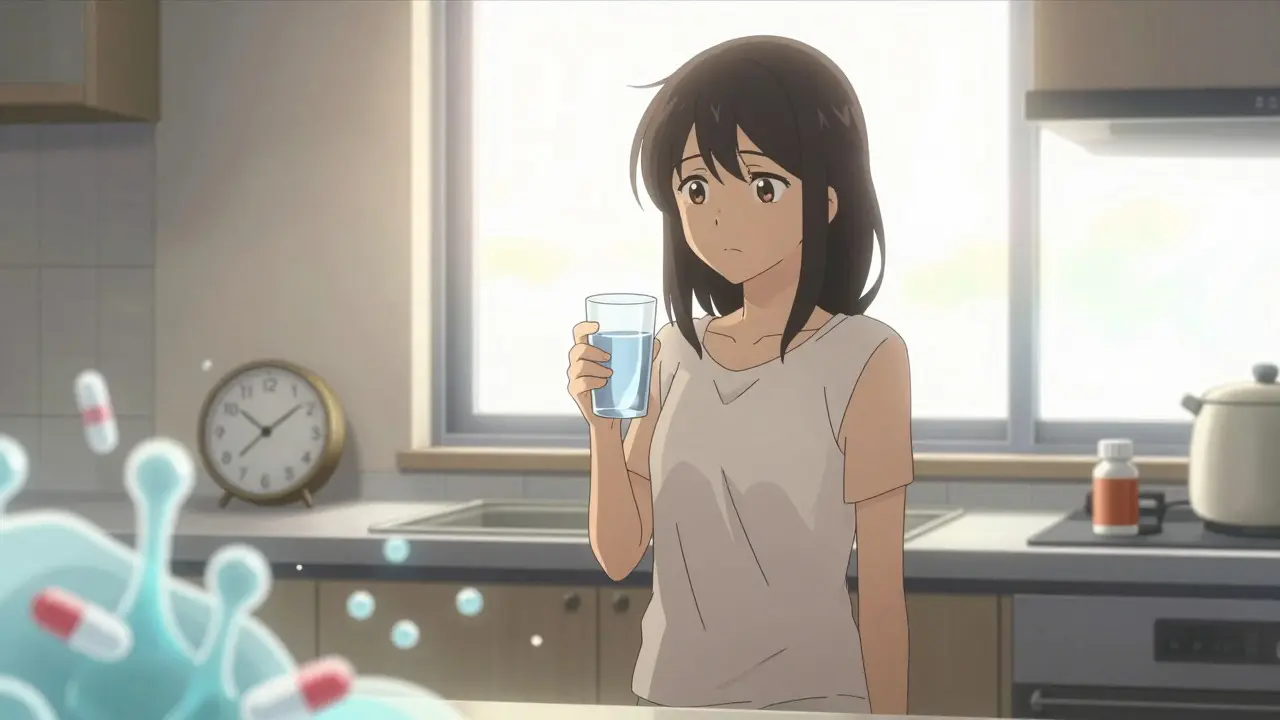 Woman in kitchen holding supplements, looking worried about timing.