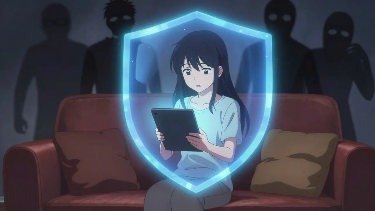 Woman using tablet with magical protection shield against scams