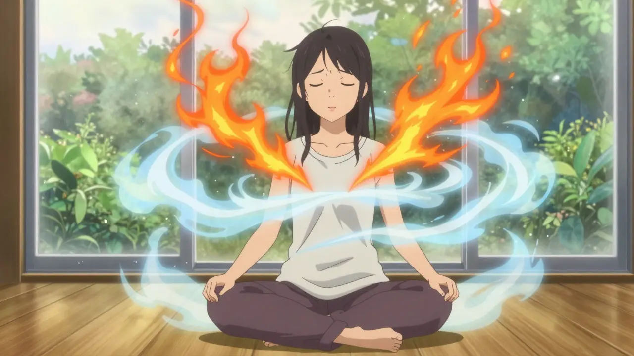 Young woman meditating with swirling blue mist representing calm breathing and reduced stress.