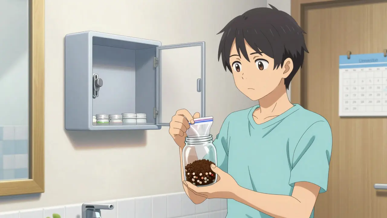 A person seals used pills in coffee grounds while standing next to an open child-safe medicine lockbox.