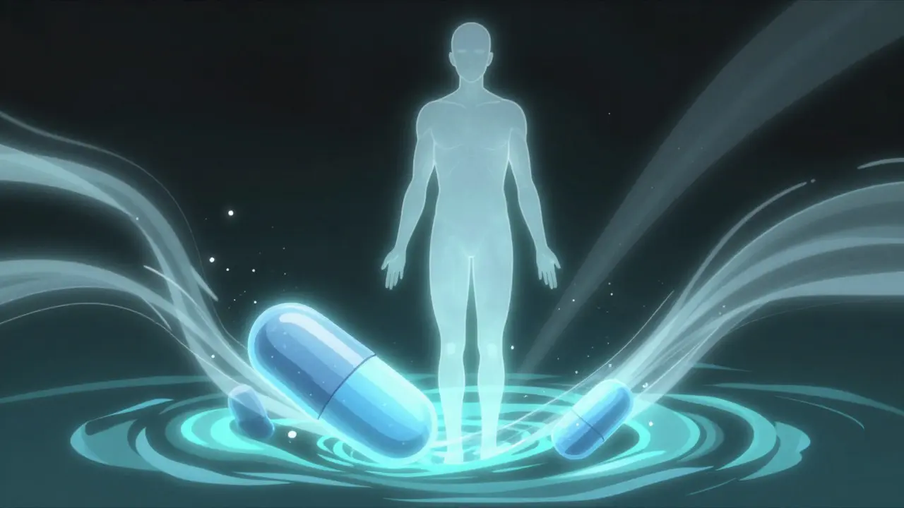 Abstract anime art showing gradual medication buildup like flowing water