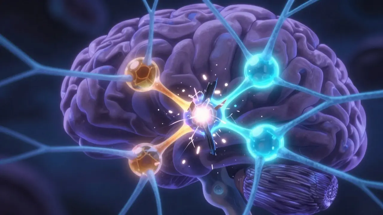 Abstract anime depiction of drug molecules blocking neural pathways in the brain