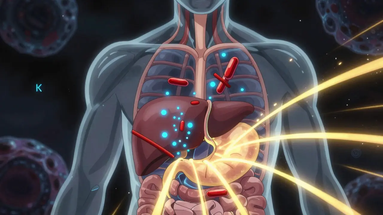 Abstract anime view of warfarin blocking enzymes while vitamin K flows in