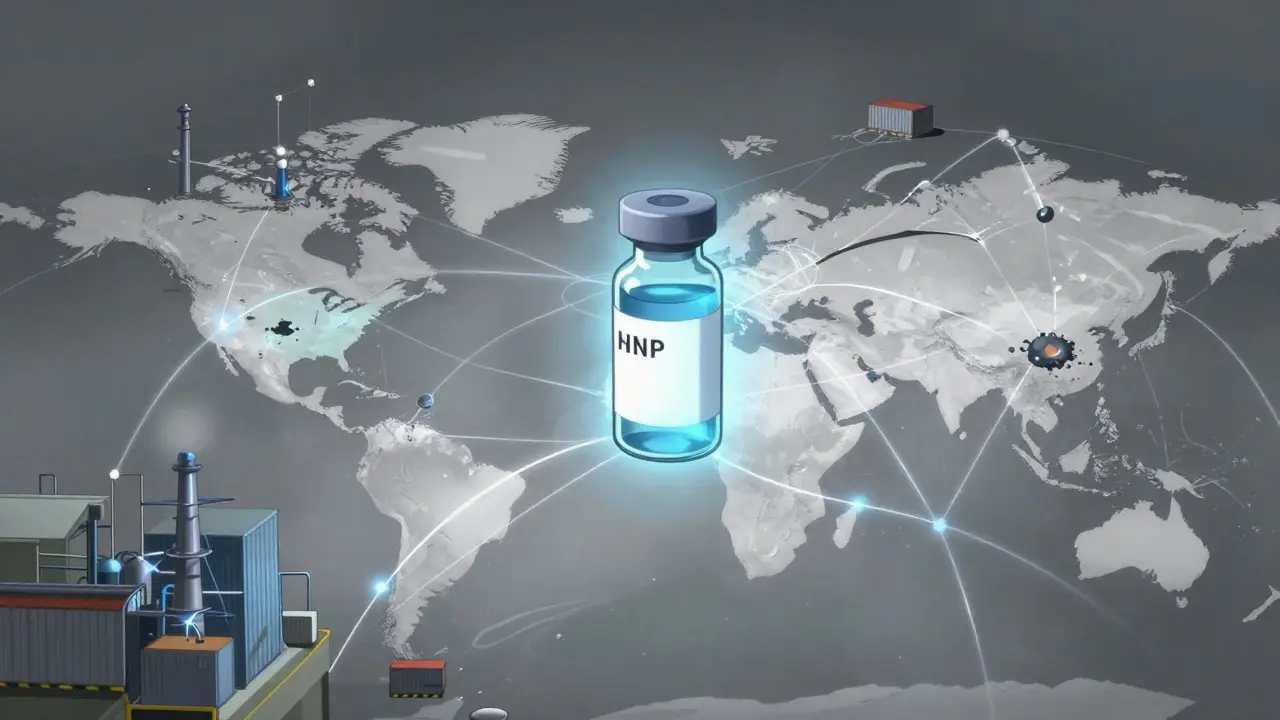 Conceptual art of a glowing medicine vial surrounded by breaking supply chain links