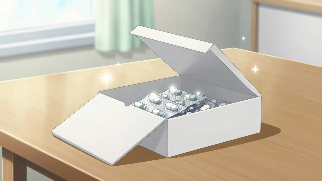 Delivery box with medication glowing with healing light