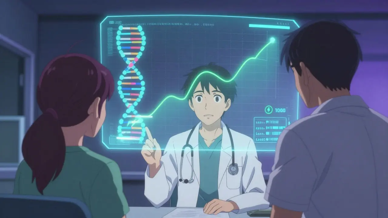 Doctor and patient viewing DNA-based dosing hologram in anime style