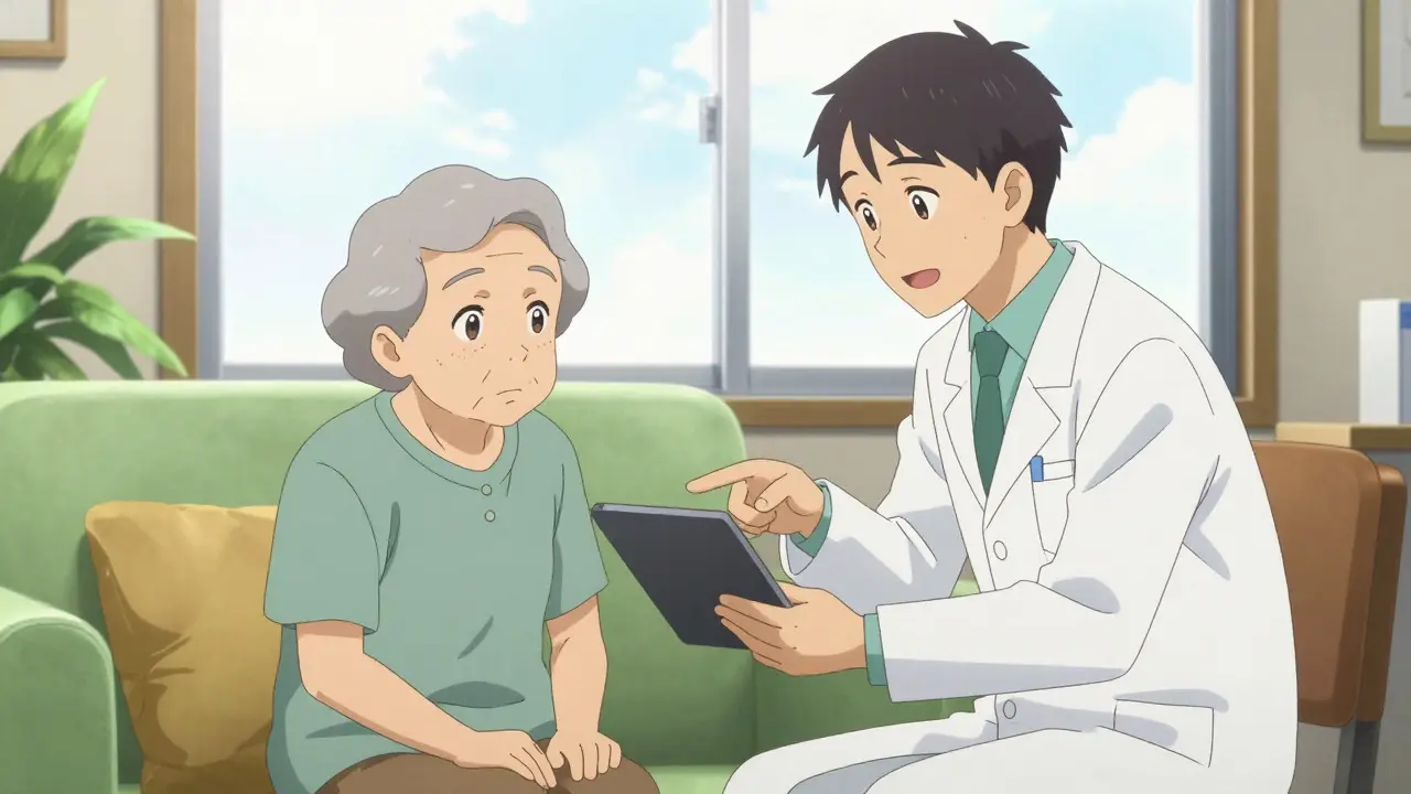 Elderly patient and pharmacist reviewing medication on a tablet in a bright room