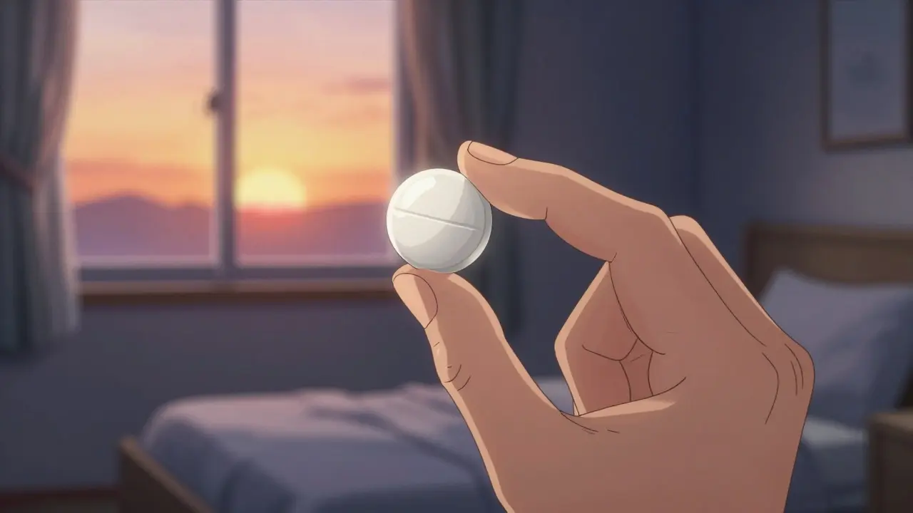 Hand holding a white pill capsule against a bright sunrise in a bedroom