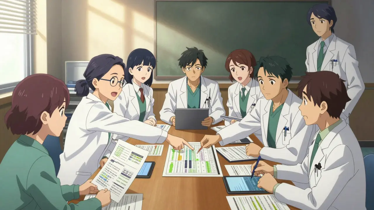 Healthcare team collaborating urgently in a conference room during a drug shortage
