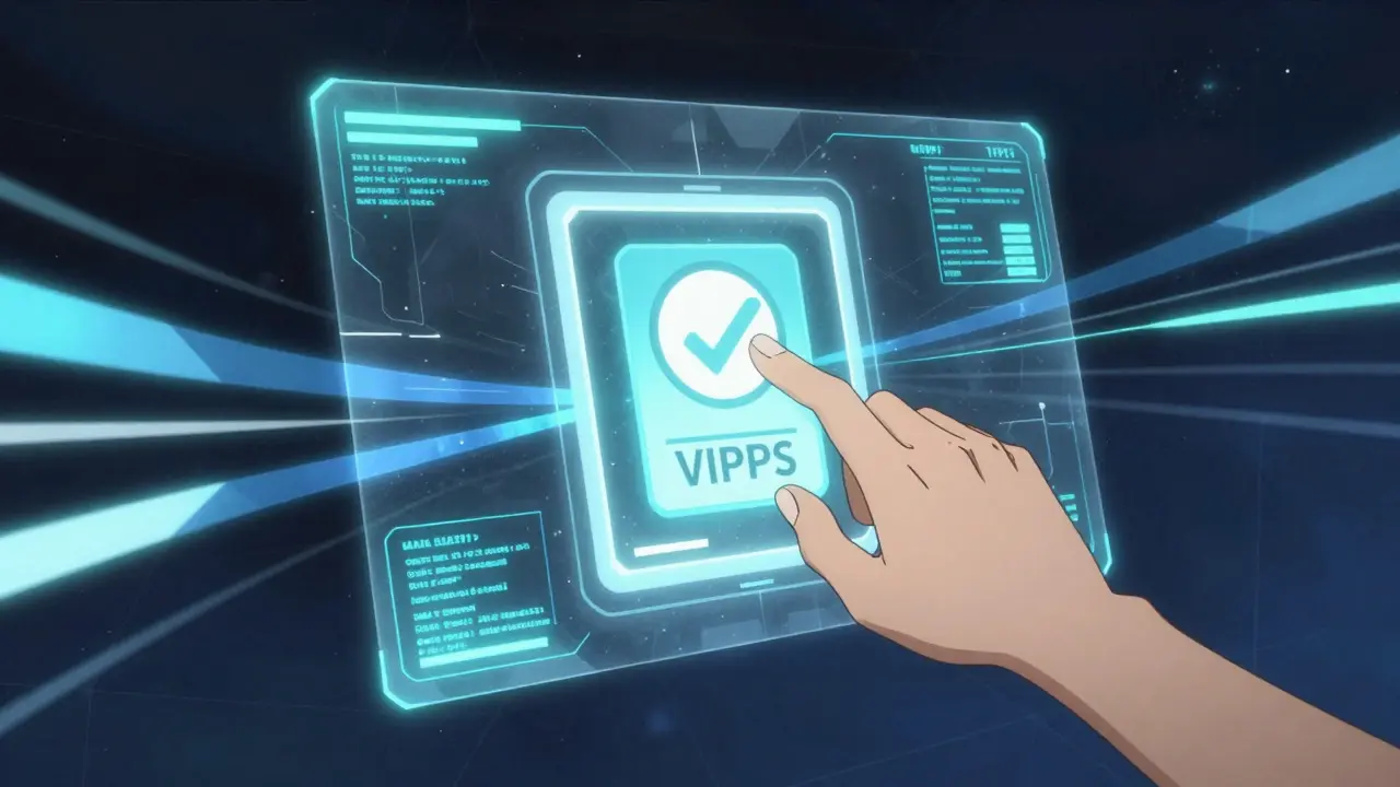 Holographic hand touching a secure pharmacy verification badge in cyber space